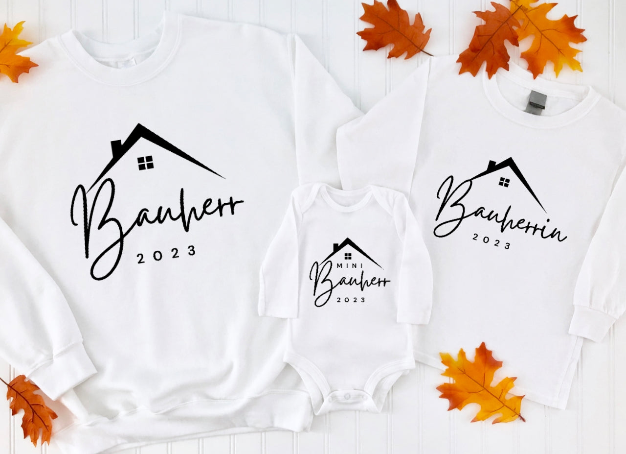 Bauherr Bauherrin Mini Sweatshirt | Familien T-Shirt| personalisiert mit Namen| Geschenke für Richtfest, Hauskauf, Hausbau