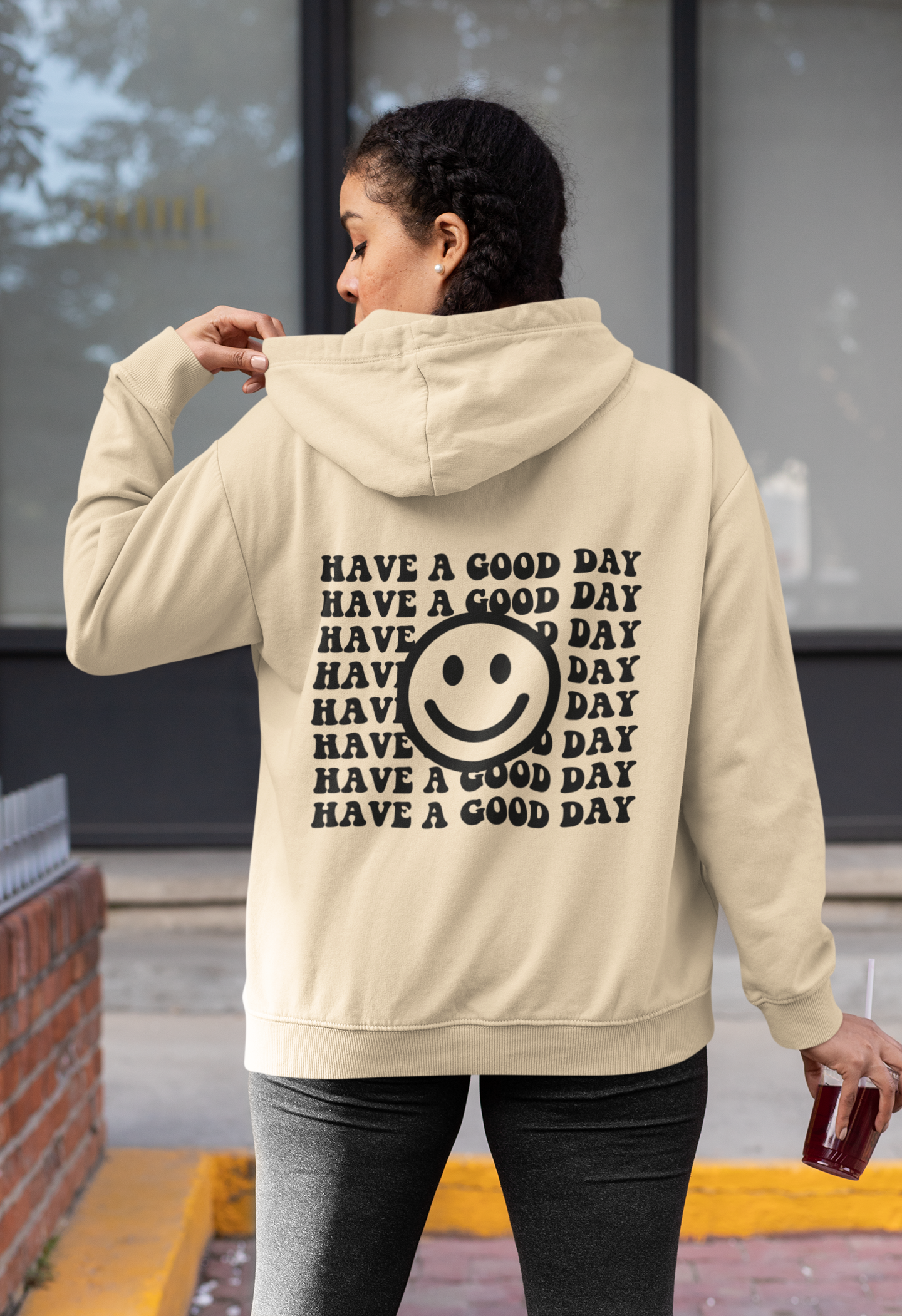 Have A Good Day Hoodie Retro Hoodies Preppy Sweatshirt Ästhetischer Hoodie mit Worten auf Rückseite Trendy Hoodie Smile Face Hoodie